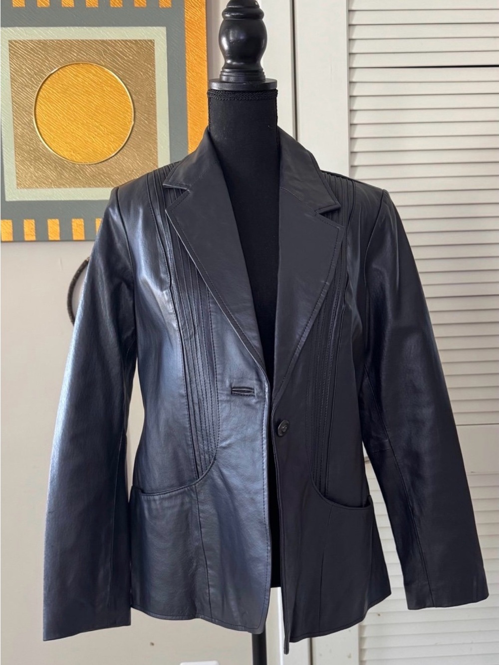Y2K - Denim & Co Black 100% Leather Blazer Jacket Size S |  Zebra print Lining